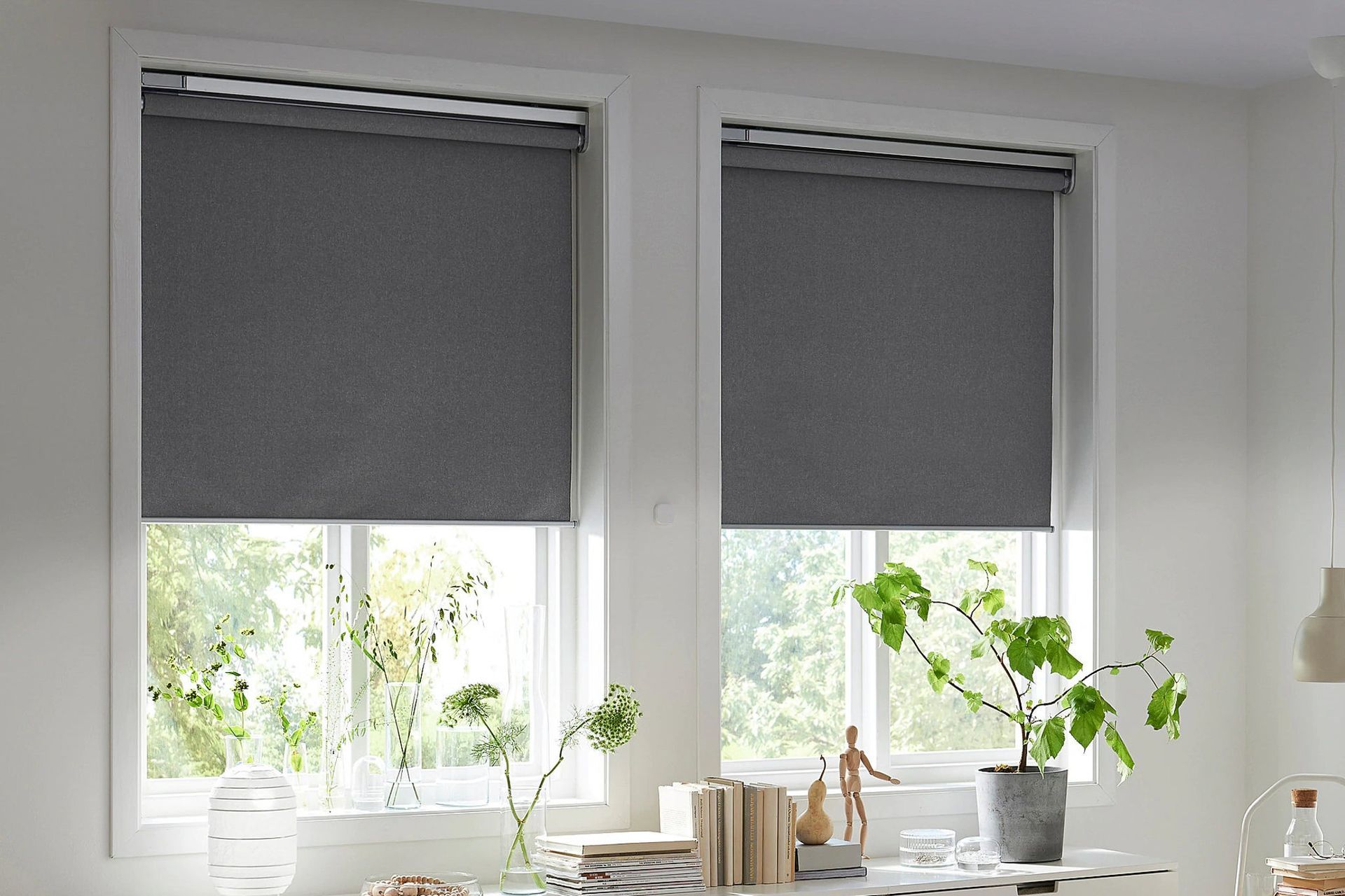 Two windows with gray roller shades, indoor plants on the sill.