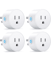 Four white smart plugs with power buttons and electrical outlets.