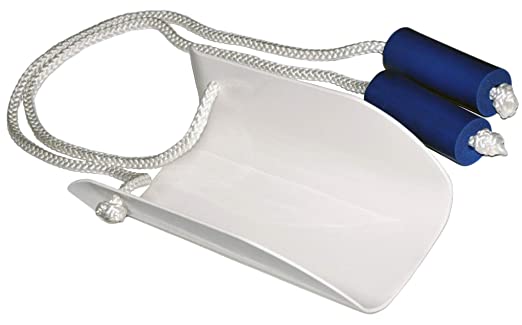White sock aid with blue handles and a rope to assist with putting on socks.