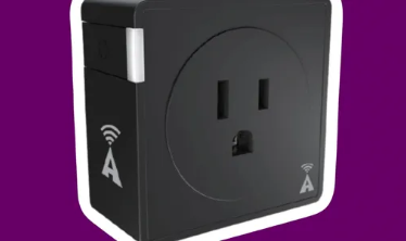 Black smart plug with a standard outlet, white logo, and a purple background.