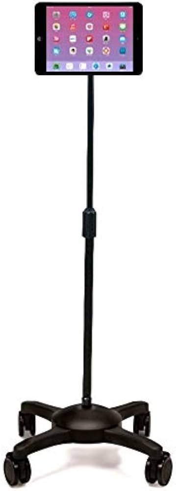 A black tablet stand with an iPad on top, on a white background.