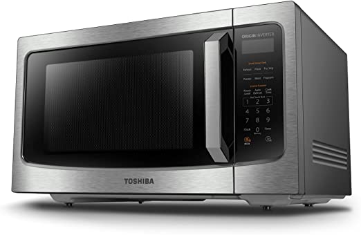 Toshiba stainless steel microwave with control panel on the right side.