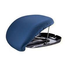 Blue cushion seat designed to assist with standing, atop a silver, metal base.
