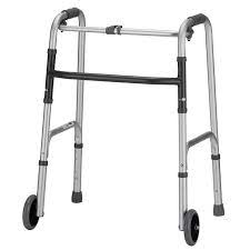Silver and black wheeled walker for mobility assistance.