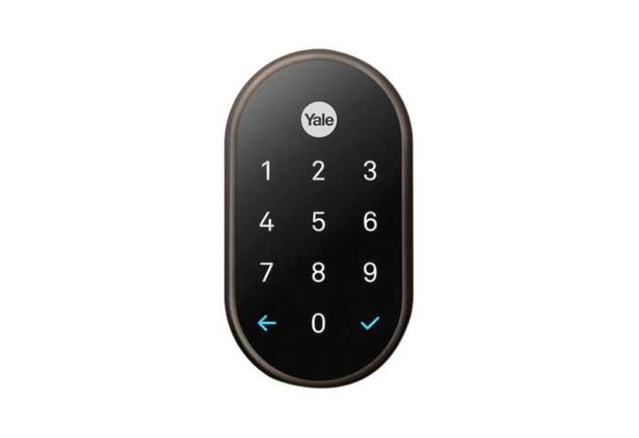 Yale smart lock with a black touchscreen keypad and number buttons.
