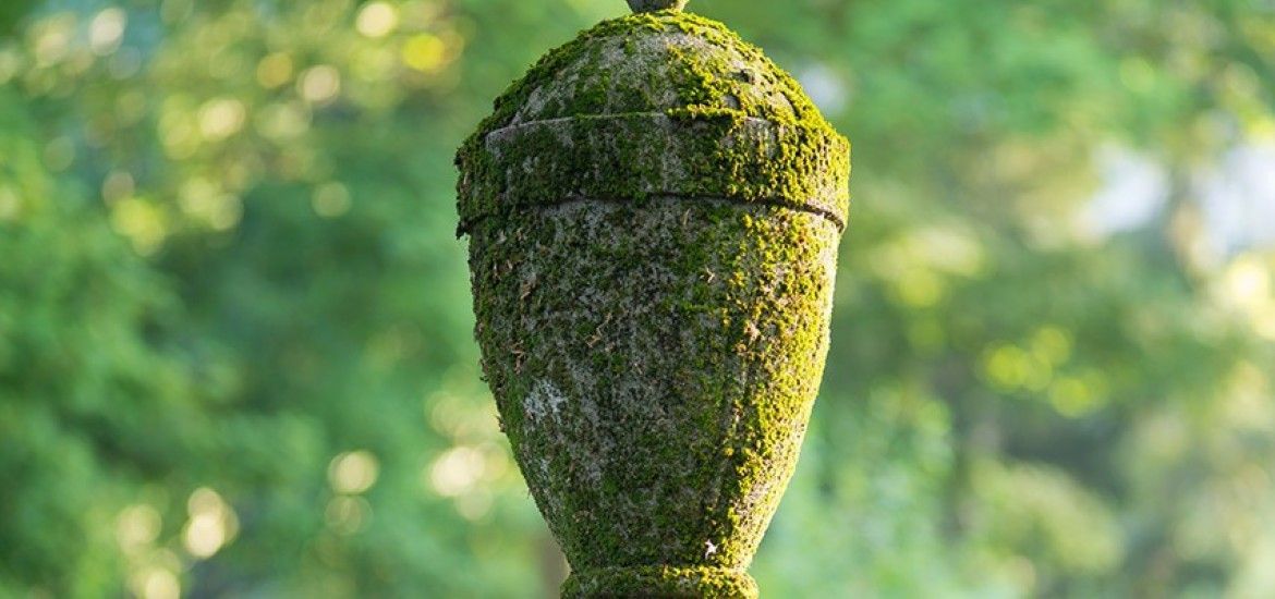 Eine mit Moos bedeckte Statue sitzt mitten in einem Wald.