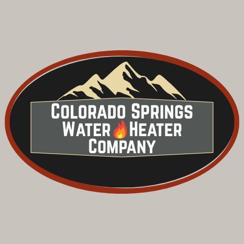 Logo for Colorado Springs Water Heater Company, featuring a mountain range above the company name with a flame icon.