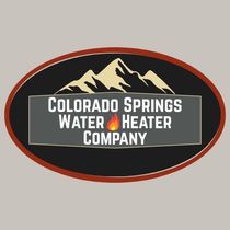 Logo for Colorado Springs Water Heater Company, featuring a mountain range above the company name with a flame icon.