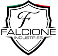 The logo for falcione industries is a shield with the letter f on it.