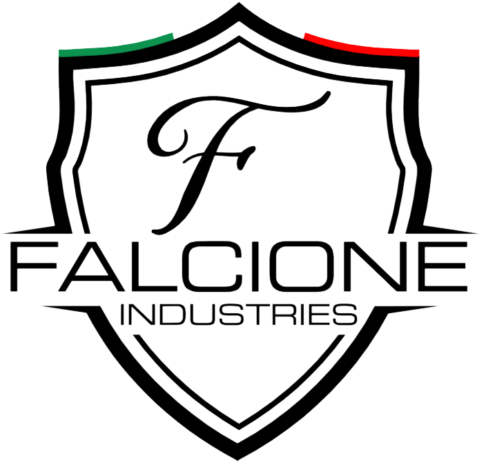 The logo for falcione industries is a shield with the letter f on it.