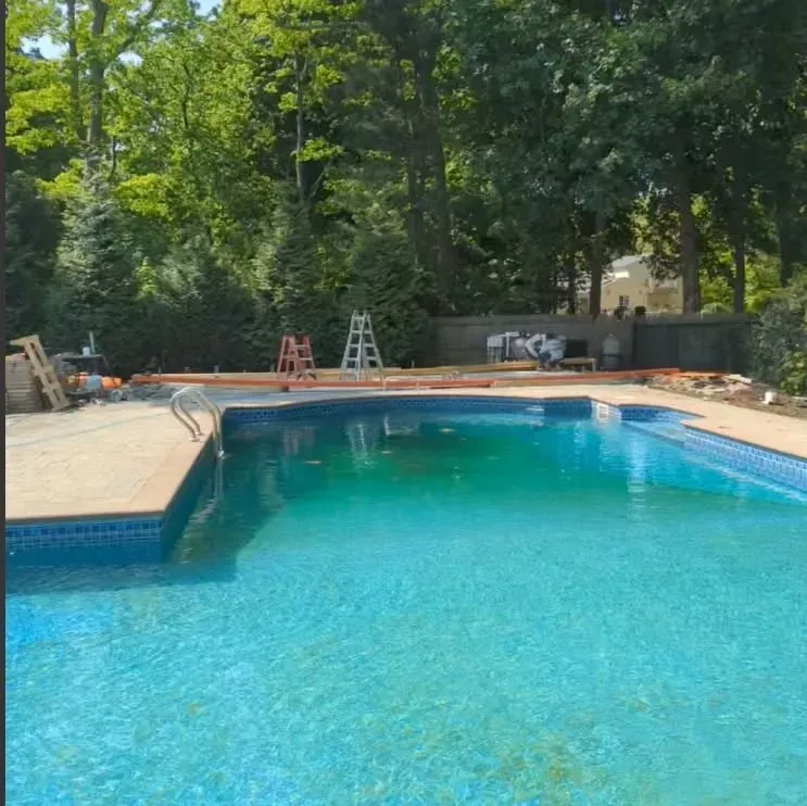 A large swimming pool surrounded by trees in a backyard