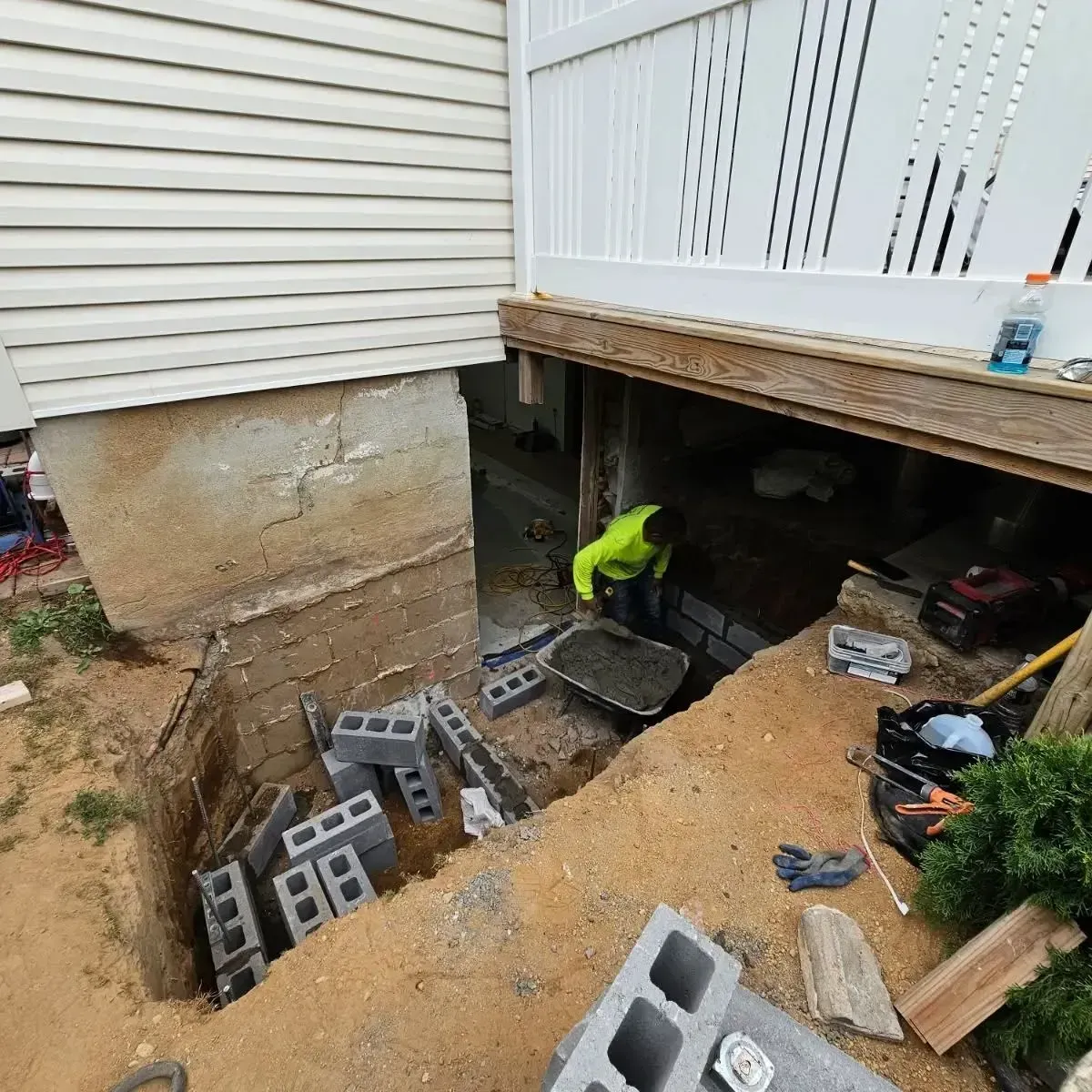 A man is digging a hole in the ground next to a house.