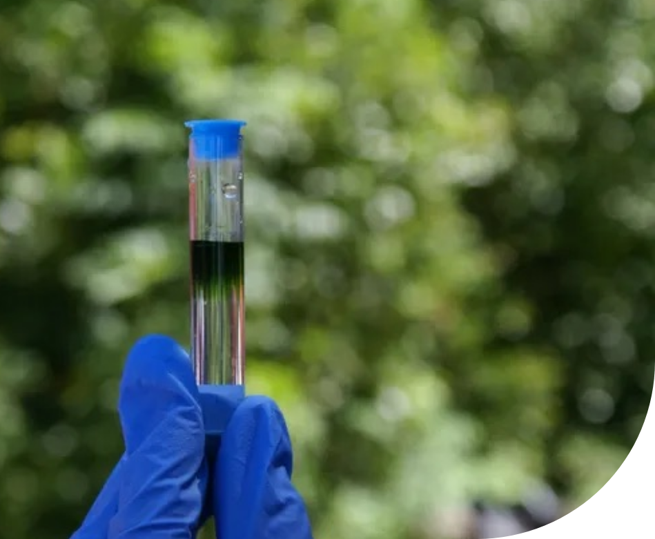 A person wearing blue gloves is holding a test tube with a blue cap.