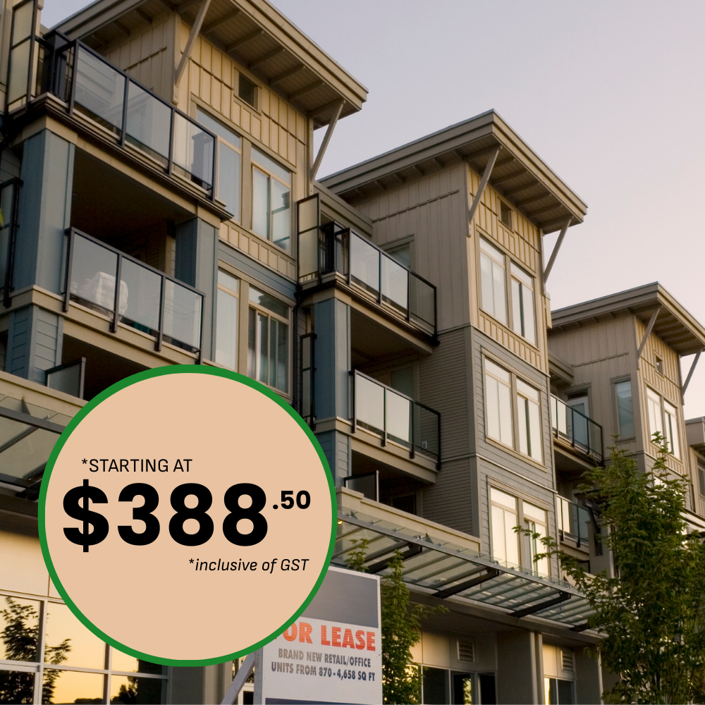 Apartment building exterior, featuring balconies. Price listed: starting at $388.50.