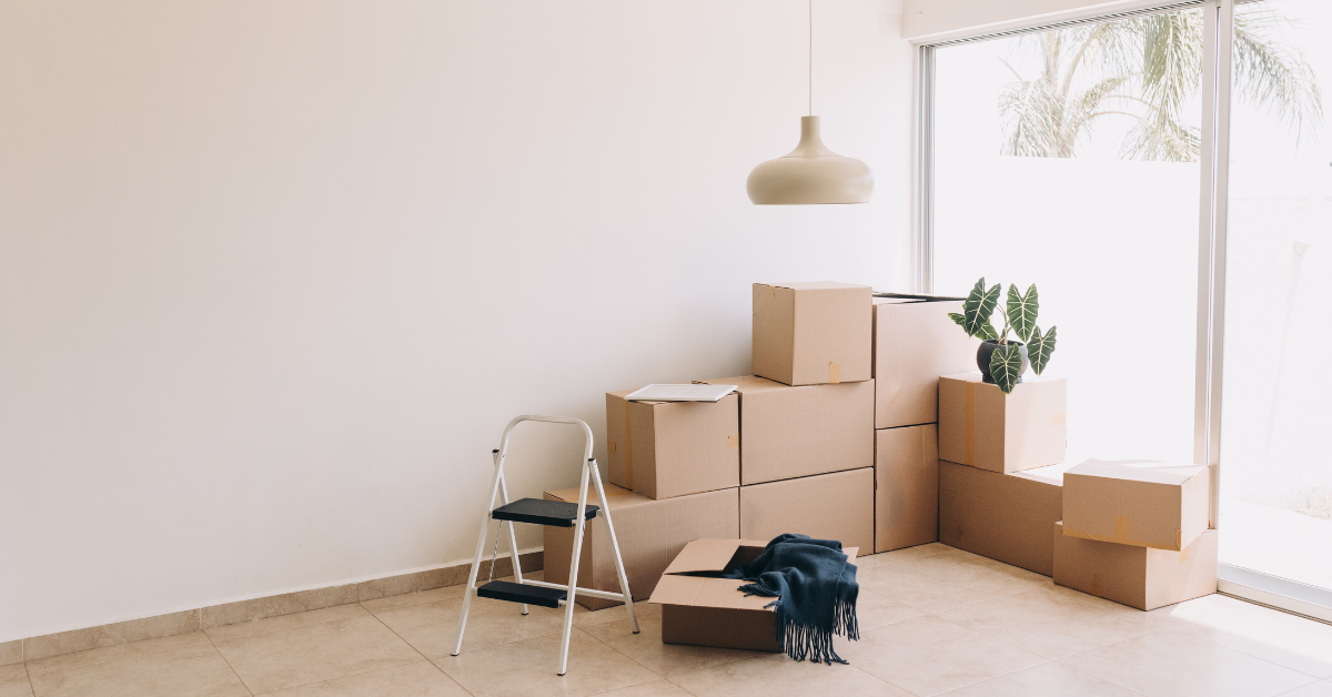 A room filled with cardboard boxes and a ladder.