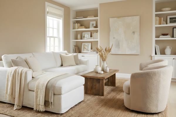 A living room with a white couch and a coffee table