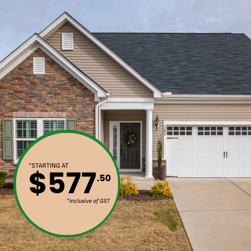 House exterior with beige siding and stone accents. Price graphic: Starting at $577.50 (exclusive of GST).