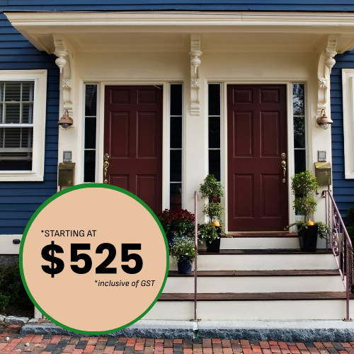 Two brown doors on a blue house. Price tag in front: starting at $525, exclusive of GST.