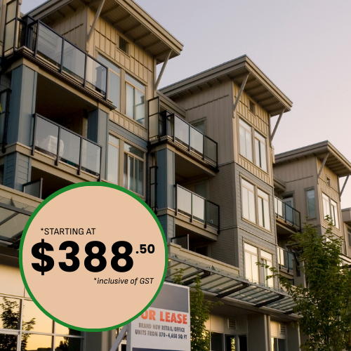 Apartment building exterior, featuring balconies. Price listed: starting at $388.50.