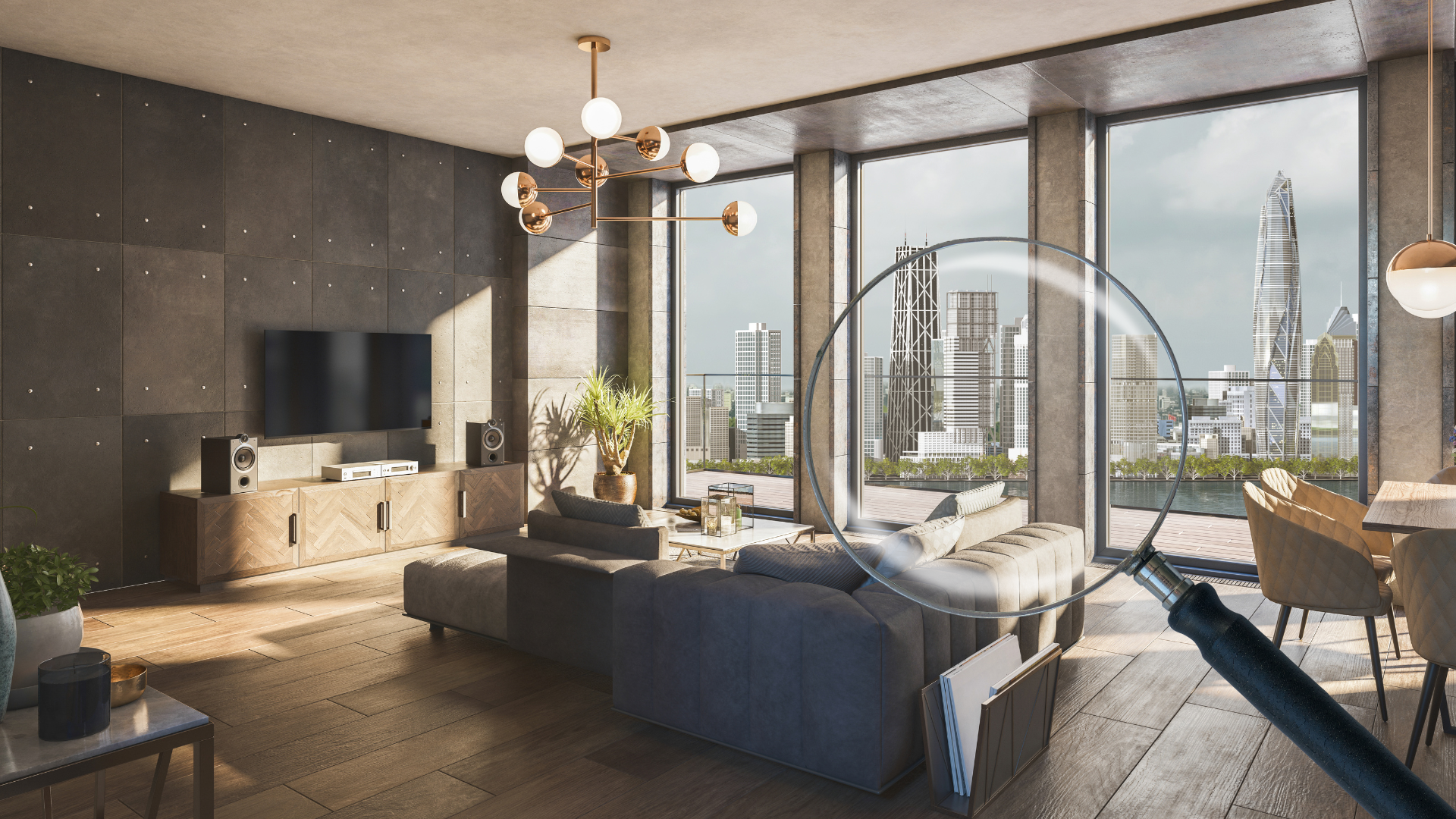 A living room with a lot of windows and a magnifying glass.