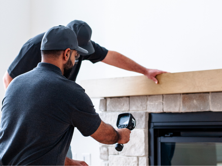 Ryan and Sukh inspect a fireplace with a thermal imaging camera and touch the mantel.