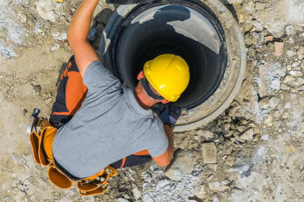 A man is fixing a pipe in the ground.