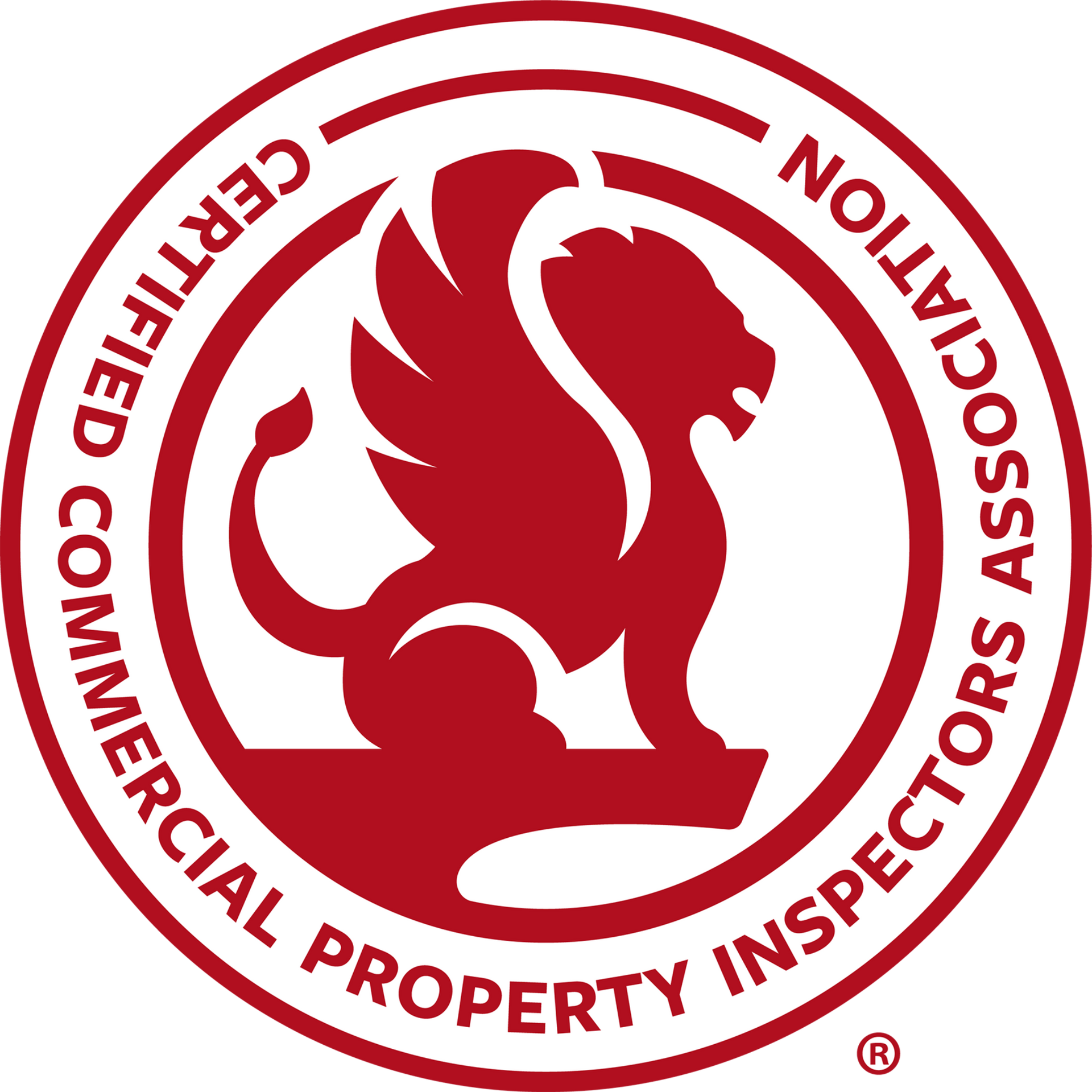 Red seal of the Certified Commercial Property Inspectors Association with a griffin, text: Building Excellence.