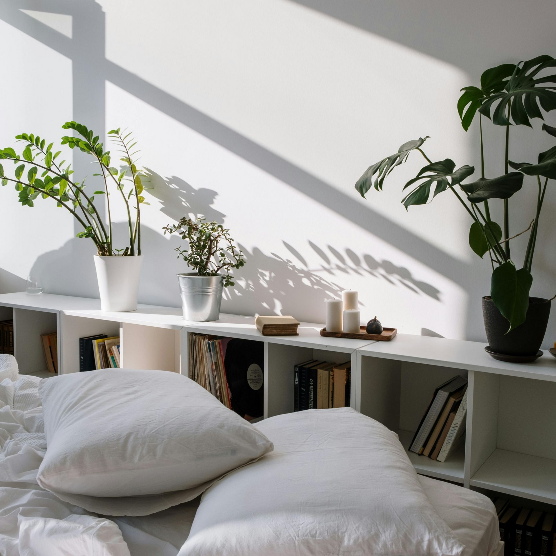 Bright bedroom with pillows on a bed, shelving with plants, books, and candles, shadows on white wall.