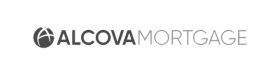 A black and white logo for alcova mortgage on a white background.