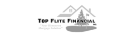 A black and white logo for top flite financial