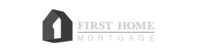 A black and white logo for first home mortgage