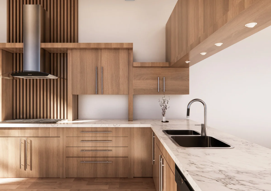 A newly renovated kitchen with wooden cabinets , marble counter tops , a sink and a stove.