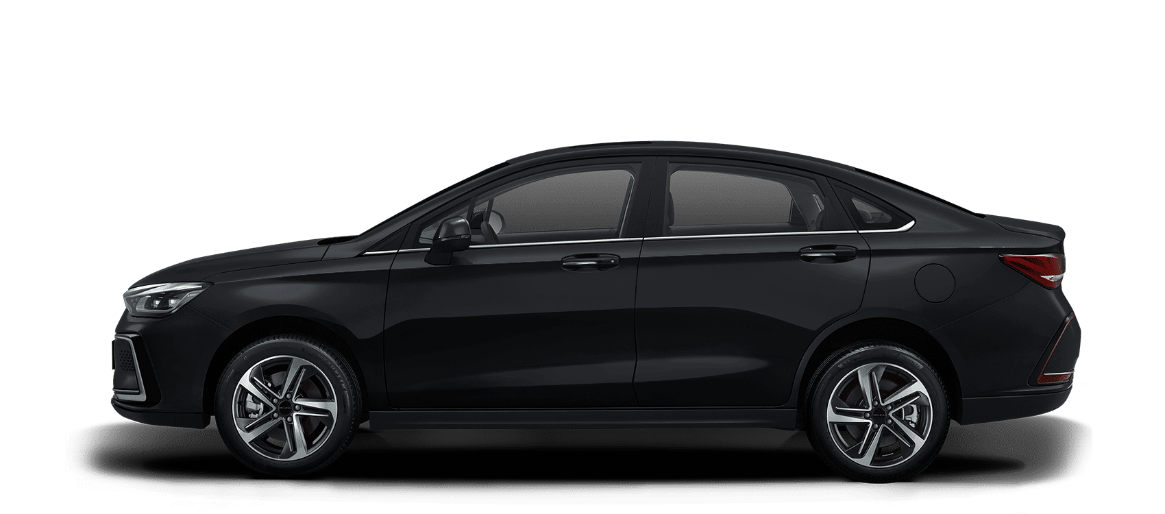 Sedán negro estacionado sobre fondo blanco.