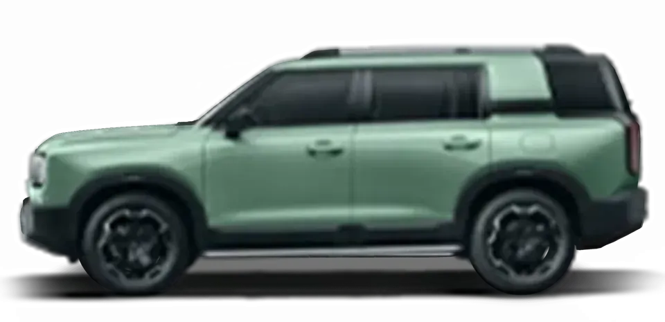 Vista lateral de un SUV verde menta con detalles y ruedas negras, sobre un fondo blanco.
