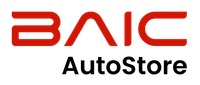 Logotipo de BAIC AutoStore en rojo y negro. 