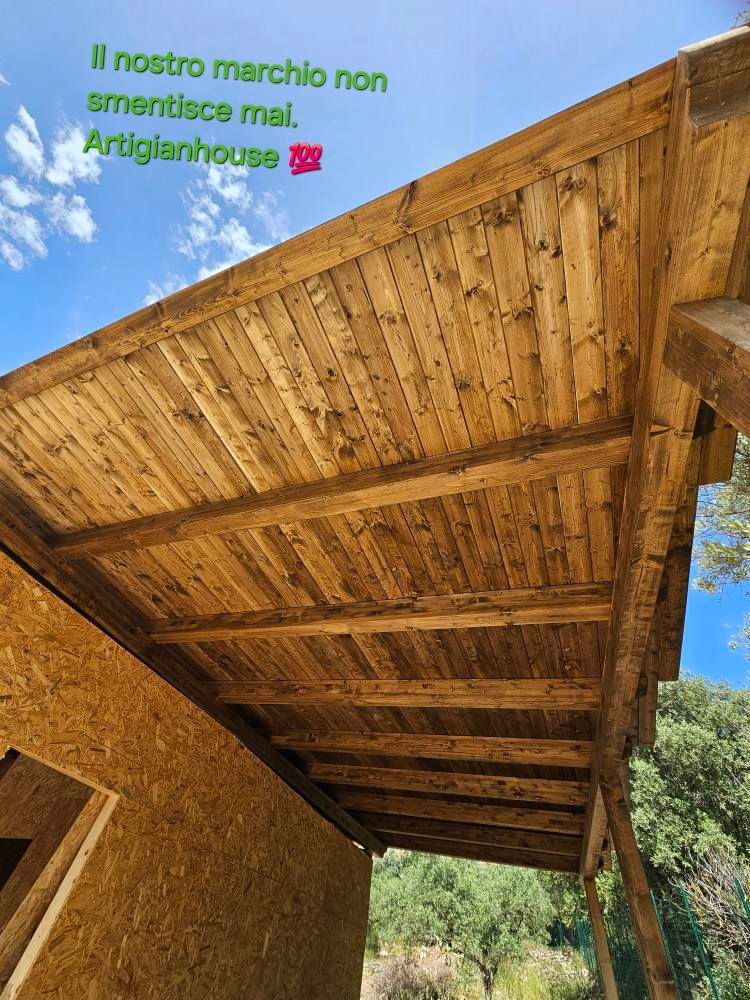 Wooden roof structure with text 
