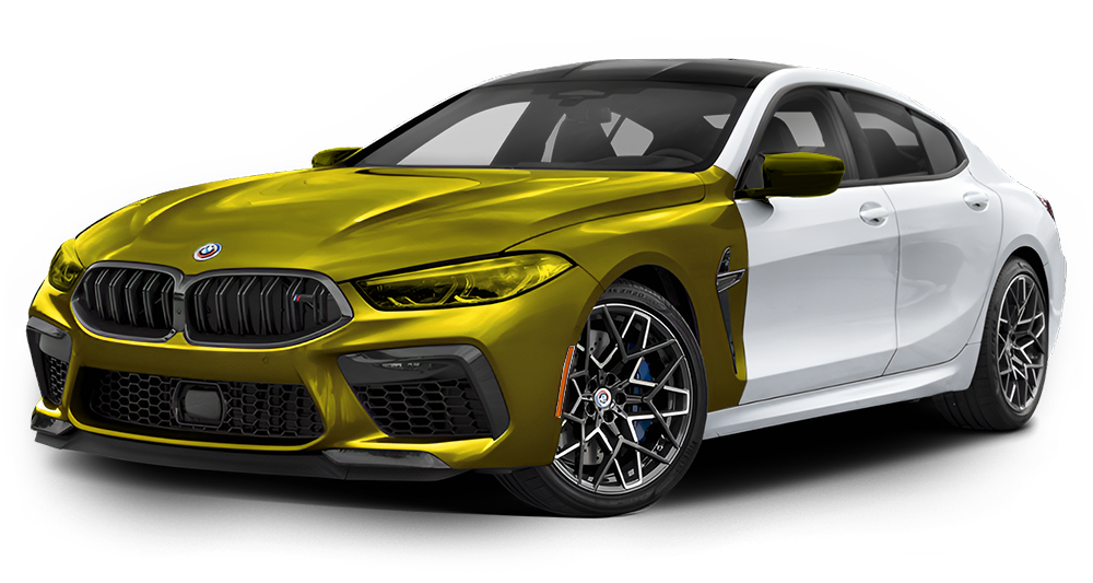 A two-toned BMW M8: gold front, white rear. Black grill and wheels.