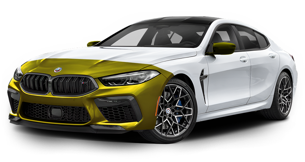 White BMW M8 with gold accents on a studio background.