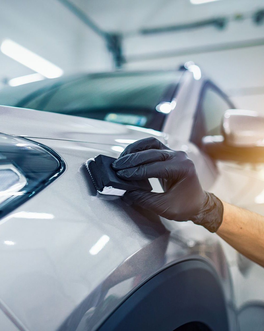 Gloved hand applying ceramic coating to a light gray car in a shop setting.