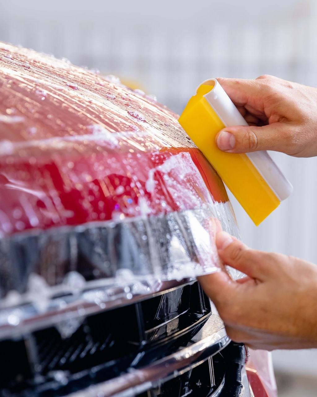 A silver car is being washed with soap and water