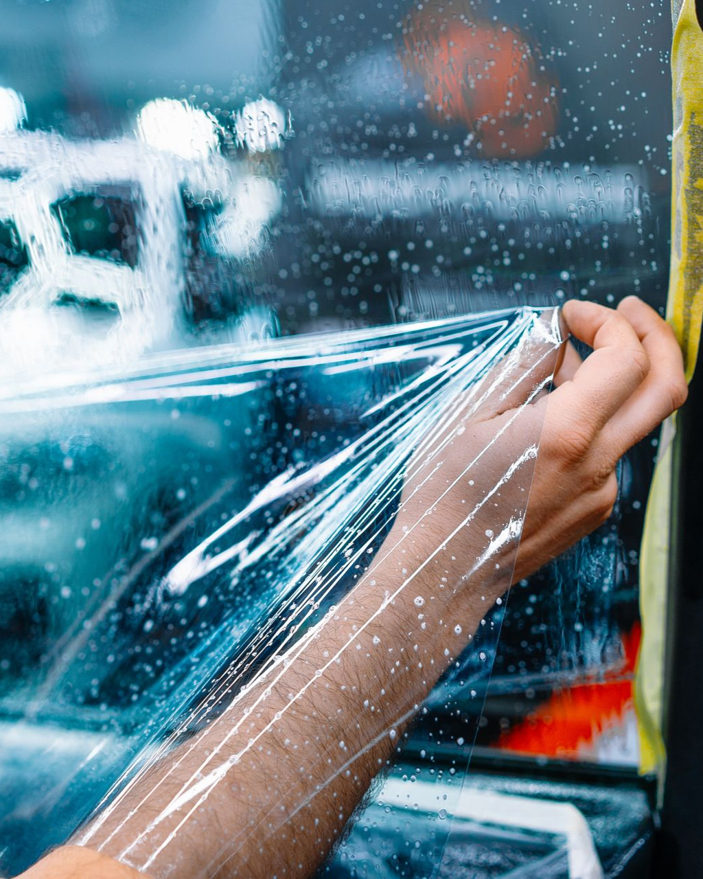 A silver car is being washed with soap and water