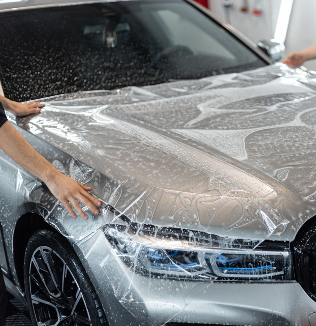 A man is cleaning the wheel of a black car with a sponge.