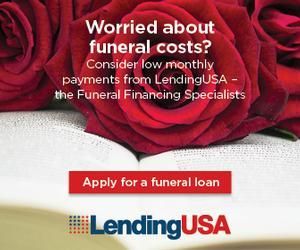 LendingUSA ad with red roses, offering monthly payments for funeral costs and a funeral loan application button