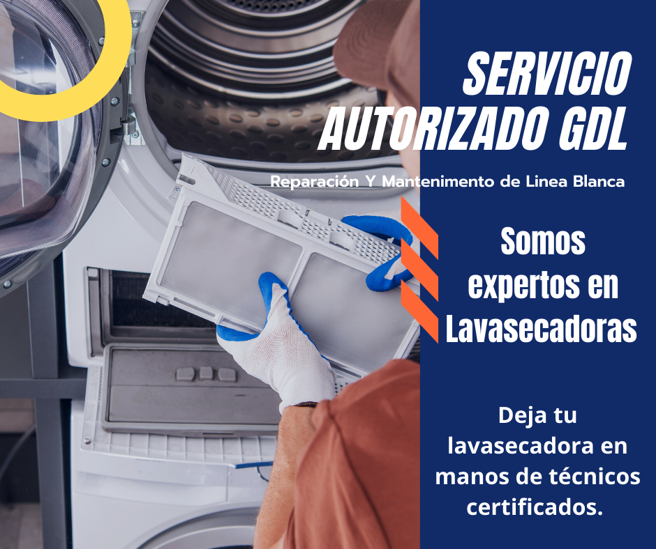 Una persona sostiene un filtro delante de una lavadora y secadora.