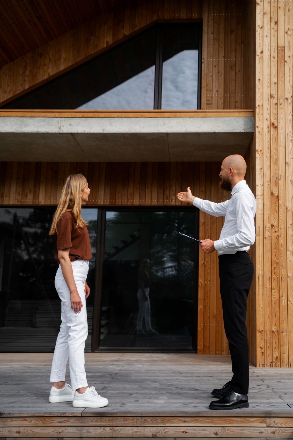 A family is posing for a picture in front of their new home.