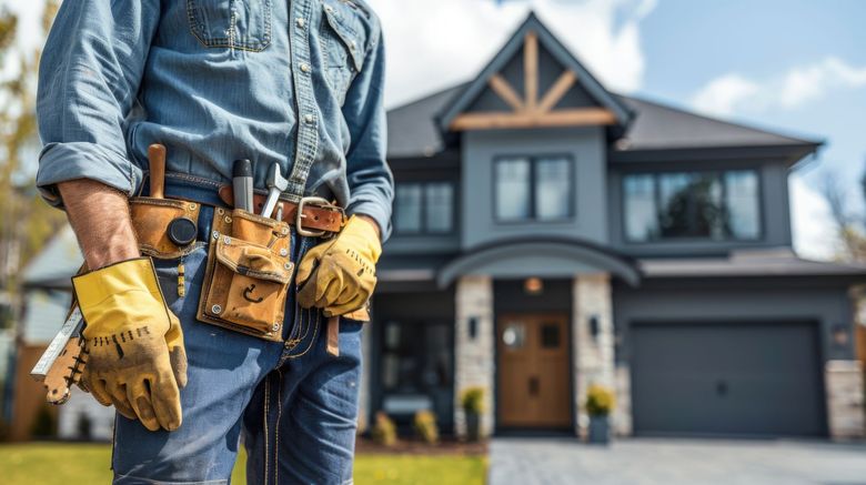 A construction worker in a denim shirt and work gloves stands in front of a modern two-story home.