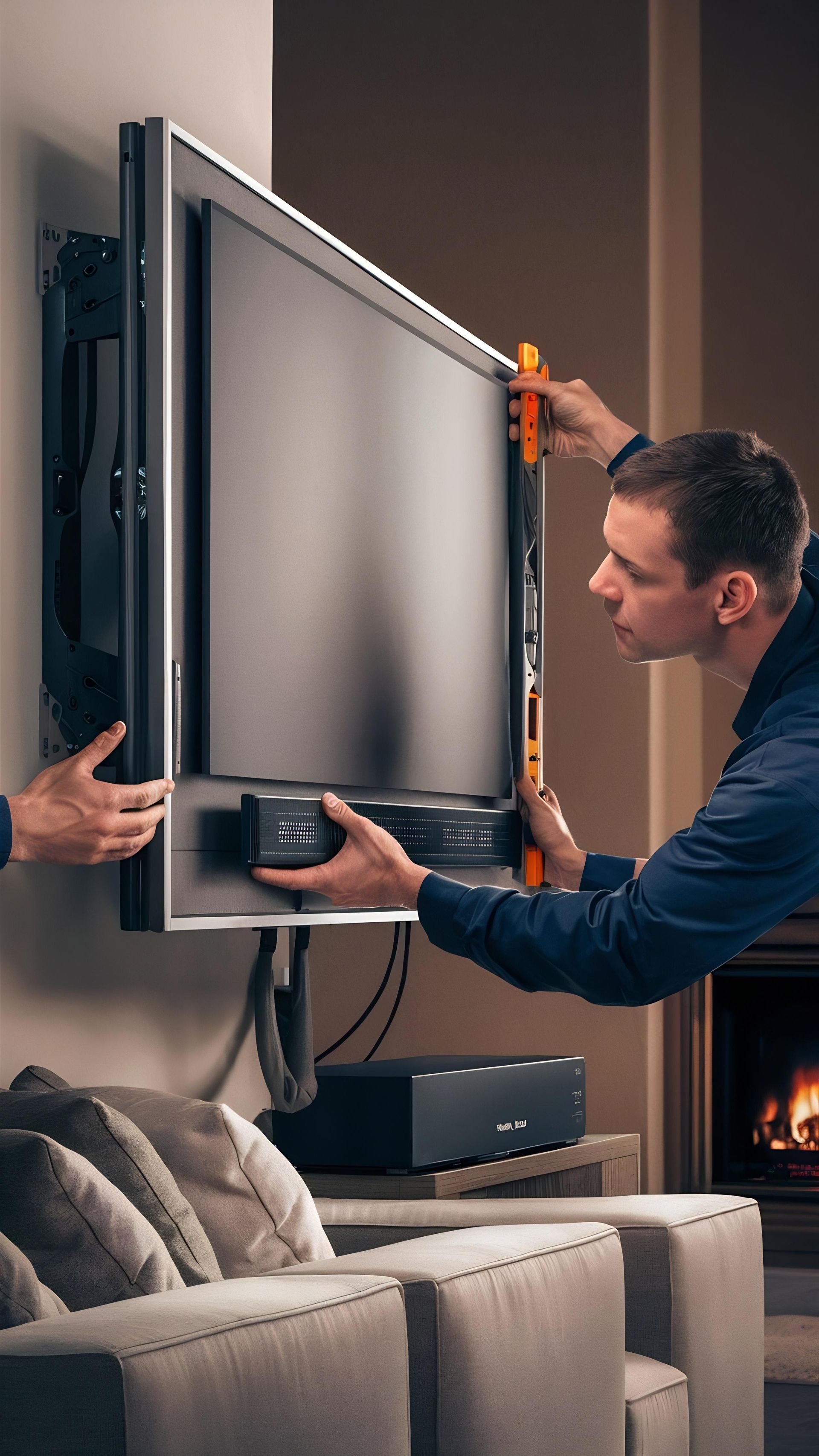 Two people install a flat-screen television on a wall mount above a sofa in a modern, dimly lit living room.
