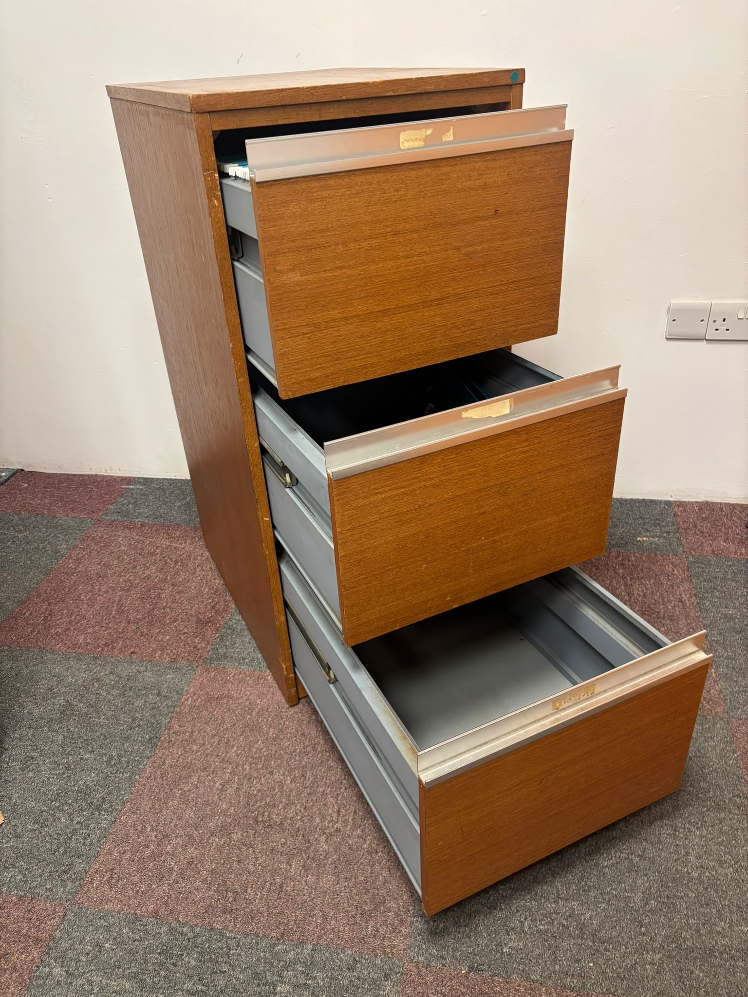 Used Three Drawer Dark Wood Filing Cabinet