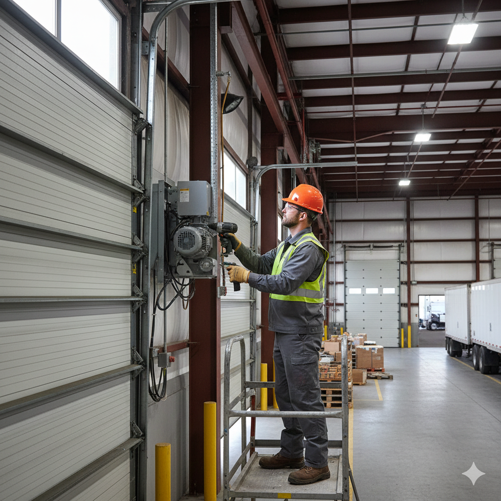 Worker in hard hat, vest, and work clothes repairs industrial door mechanism in a warehouse setting.