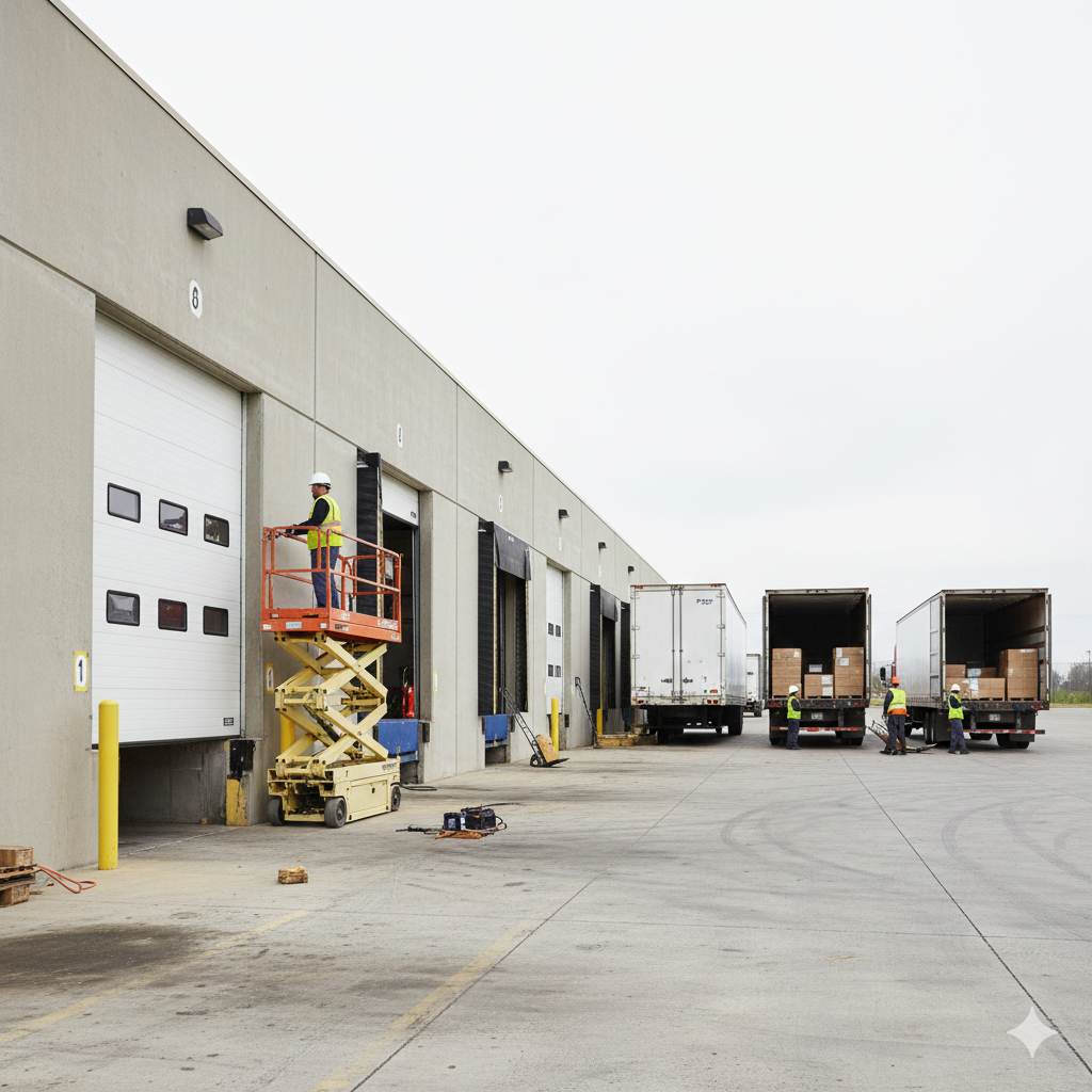Warehouse loading dock with trucks, worker on lift, and open bay door.